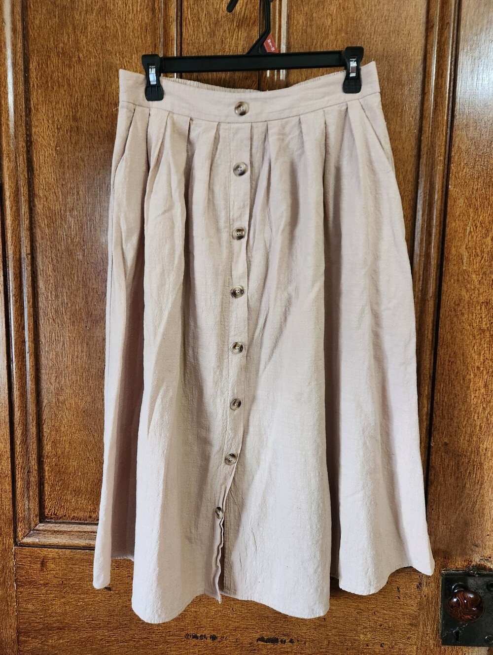 Khaki Cotton Skirt With Elastic Waist, Faux Buttons